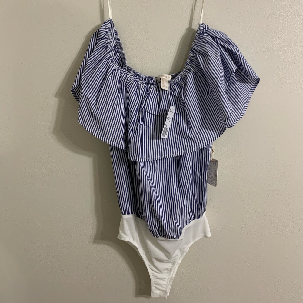 Striped, off the shoulder bodysuit